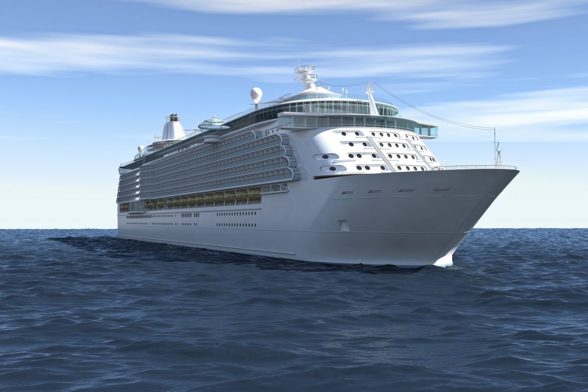 Cruise ship framed during the navigation; 3D render.