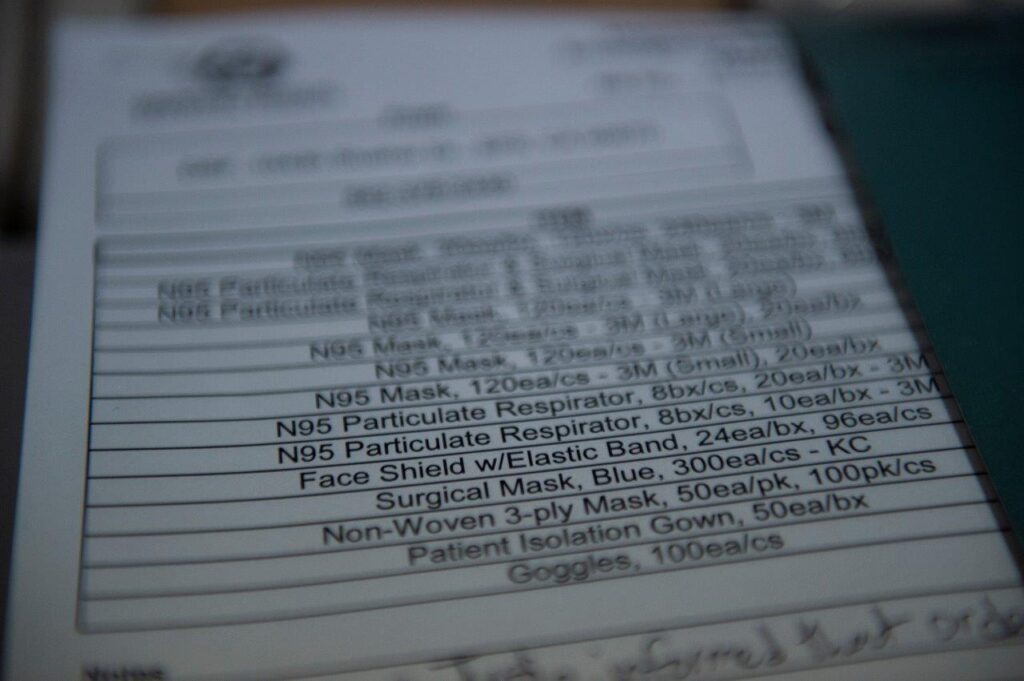 Label of personal protective equipment (PPE) items, including masks, face shields, and goggles for COVID-19 safety.