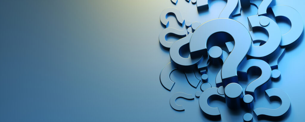 A cluster of three-dimensional blue question marks on a gradient background, symbolizing inquiries and information.