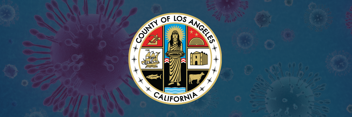 The County seal superimposed over a depiction of the COVID-19 virus