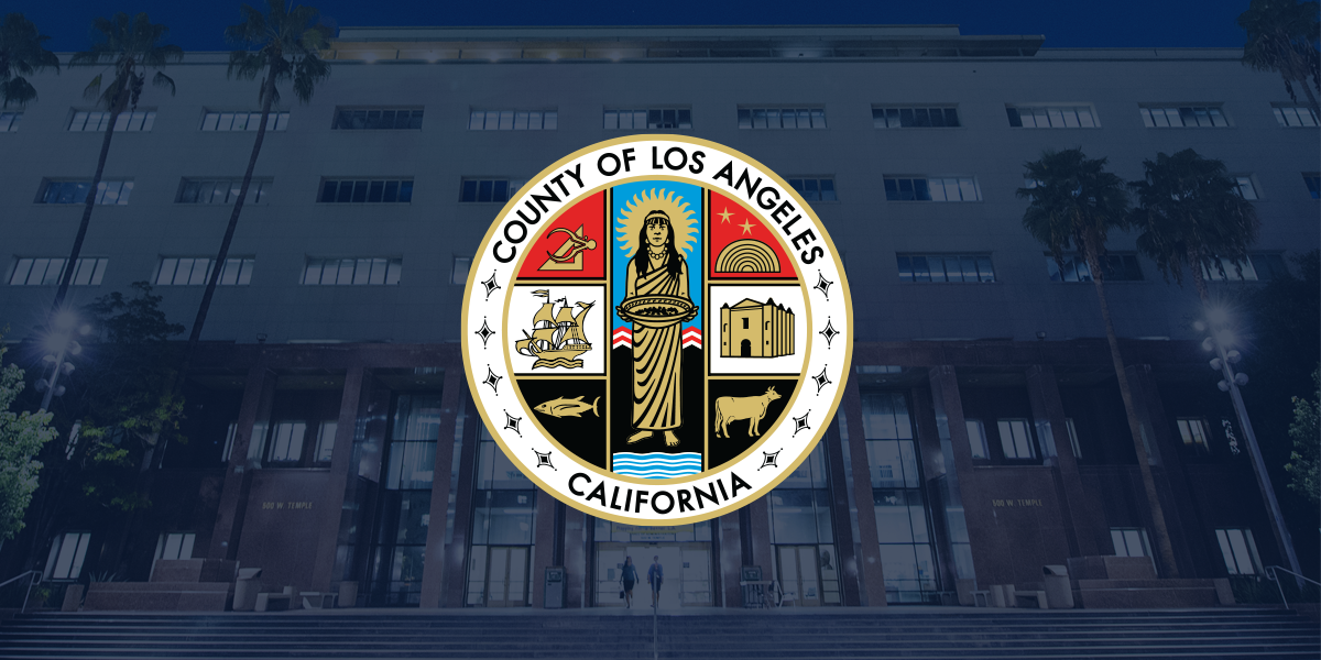 County seal superimposed on a photo of the Kenneth Hahn Hall of Administration