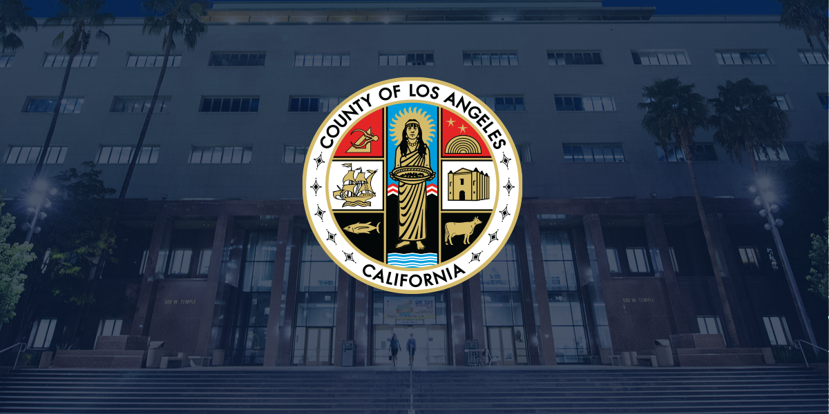 County seal superimposed on a photo of the Kenneth Hahn Hall of Administration